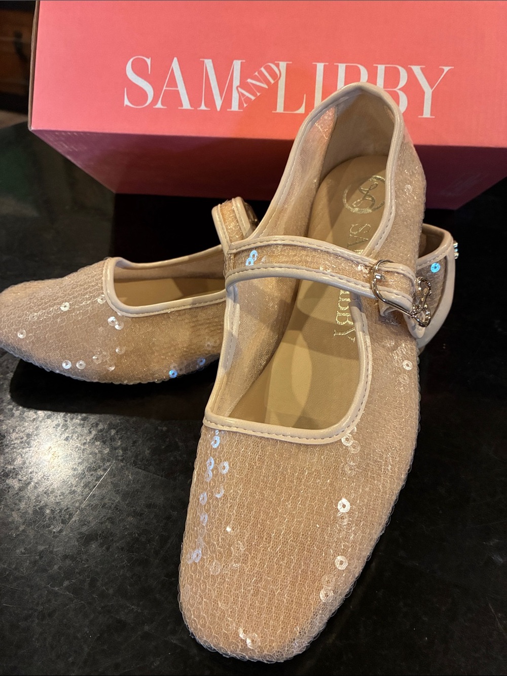 Sam & Libby Nude Sequin Mary Jane Flats 7.5 NWT